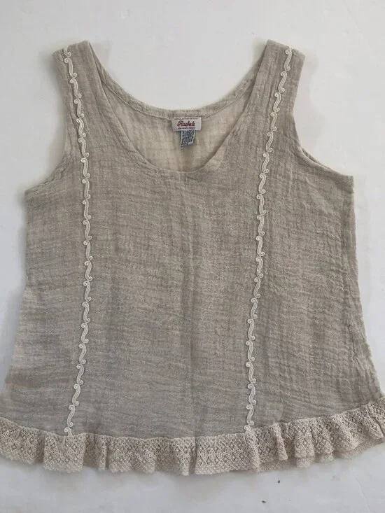 Vintage 90s Lace Linen Blouse Tank Top Large - Picture 2 of 6